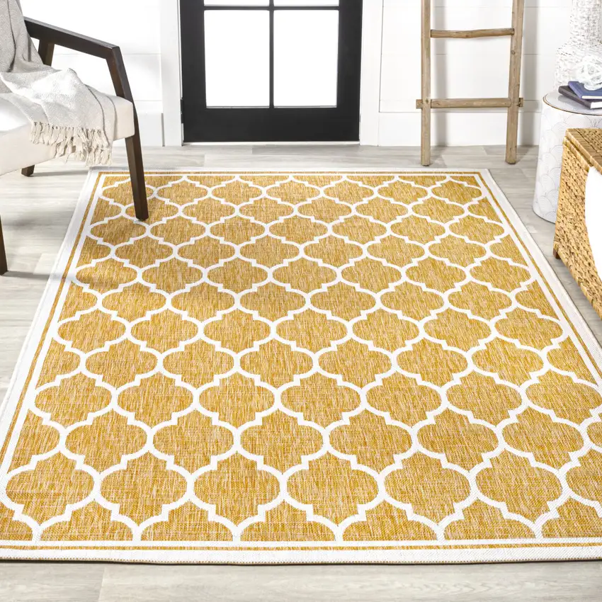Yellow And Cream Geometric Indoor Outdoor Area Rug Photo 7