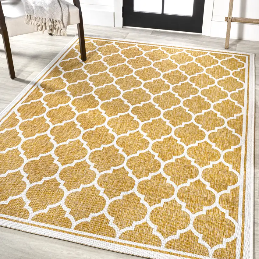 Yellow And Cream Geometric Indoor Outdoor Area Rug Photo 5