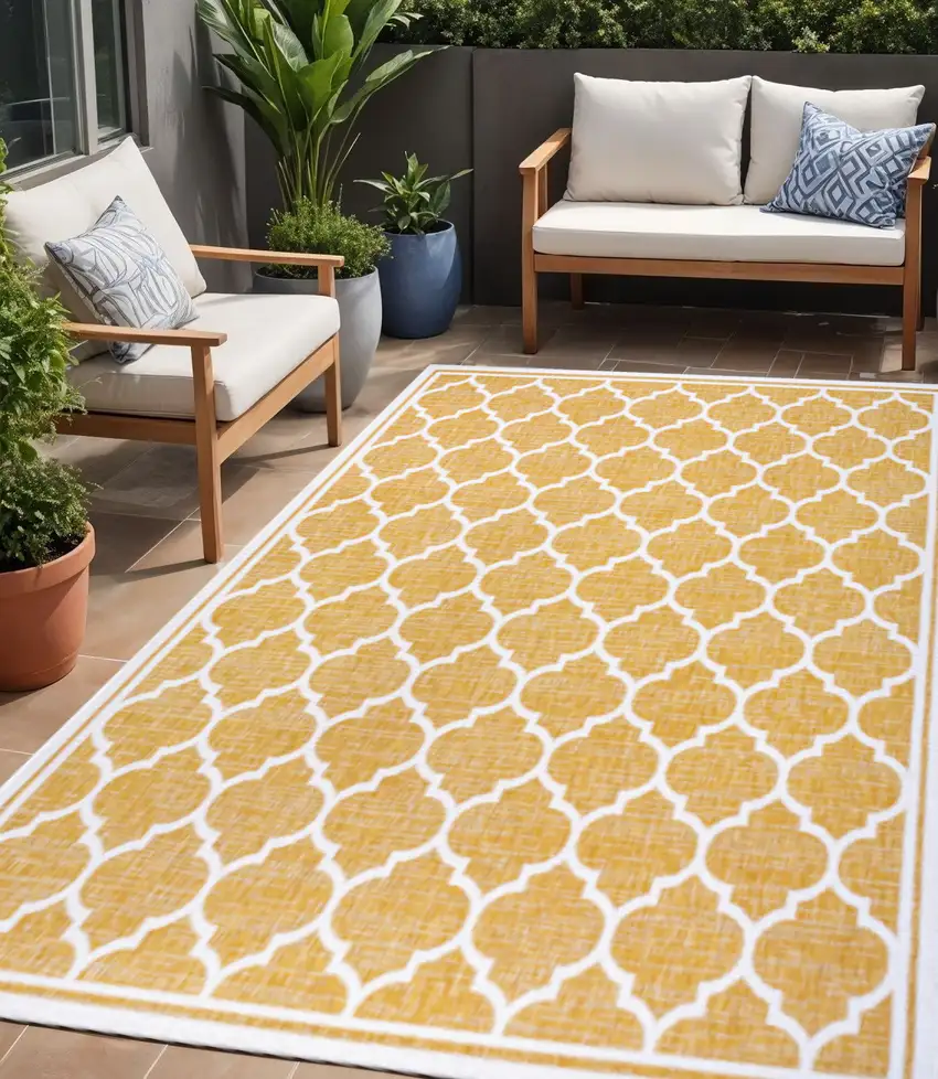 Yellow And Cream Geometric Indoor Outdoor Area Rug Photo 1