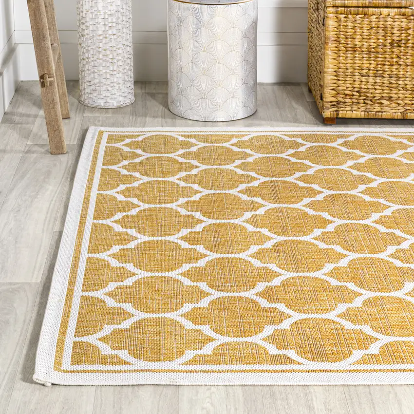 Yellow And Cream Geometric Indoor Outdoor Area Rug Photo 6