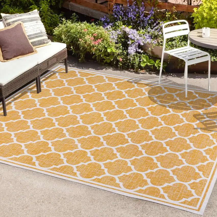 Yellow And Cream Geometric Indoor Outdoor Area Rug Photo 9