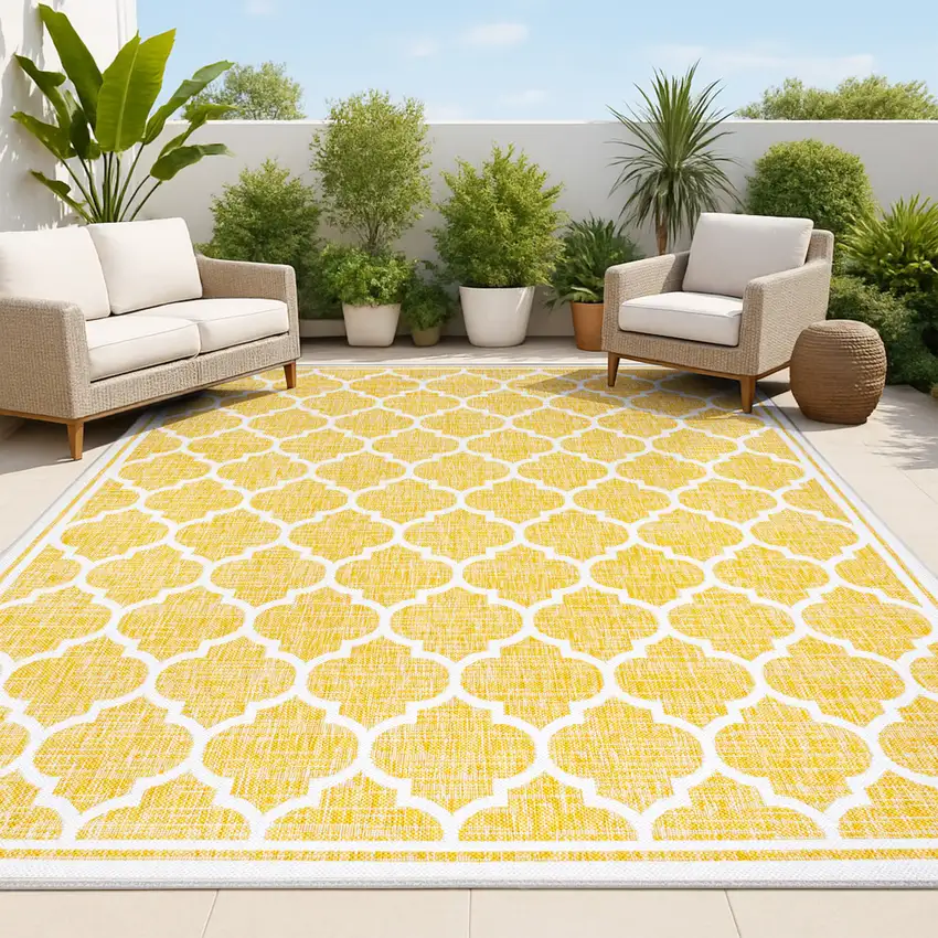Yellow And Cream Geometric Indoor Outdoor Area Rug Photo 4