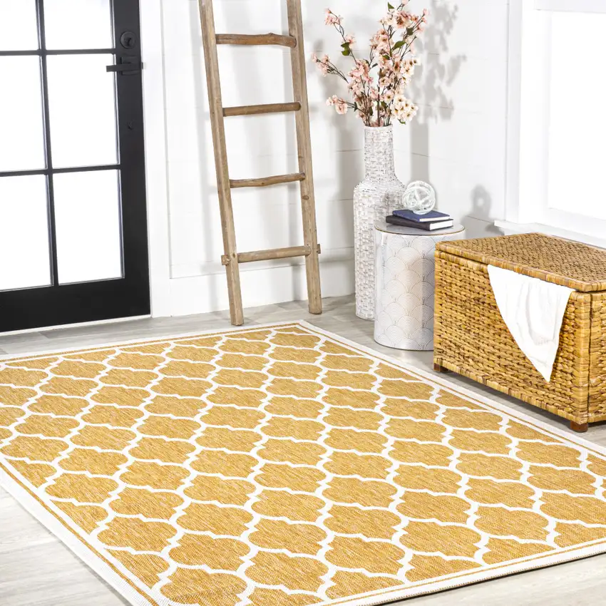 Yellow And Cream Geometric Indoor Outdoor Area Rug Photo 8