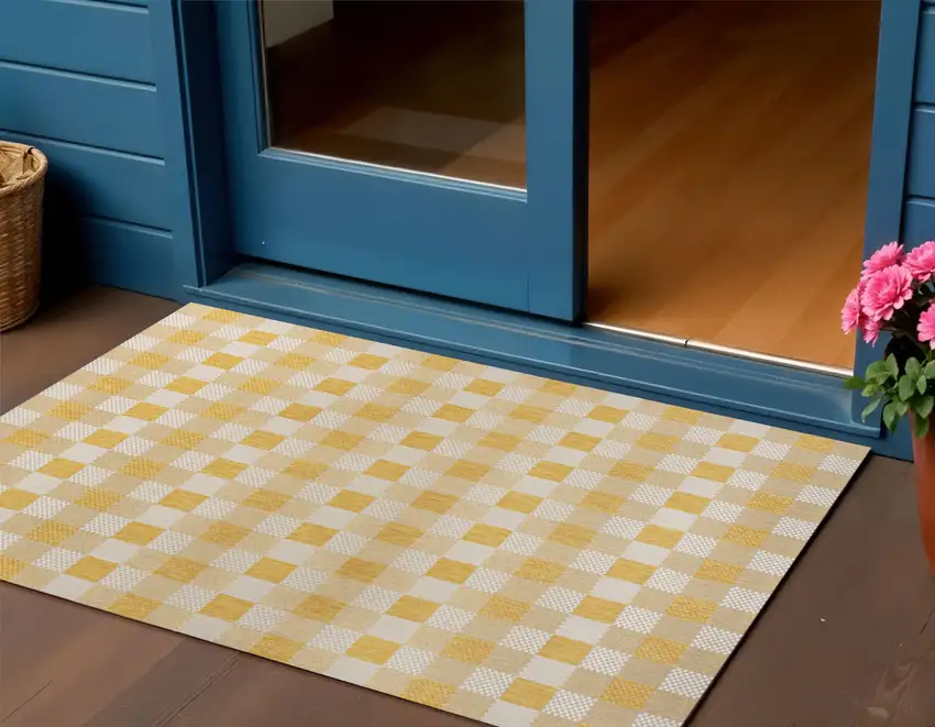 Yellow And Cream Geometric Indoor Outdoor Area Rug Photo 1