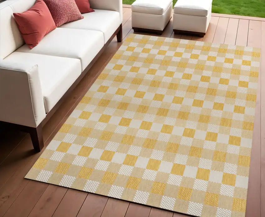 Yellow And Cream Geometric Indoor Outdoor Area Rug Photo 1