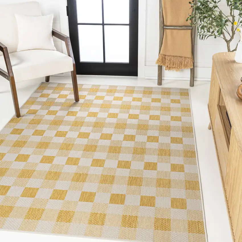 Yellow And Cream Geometric Indoor Outdoor Area Rug Photo 3