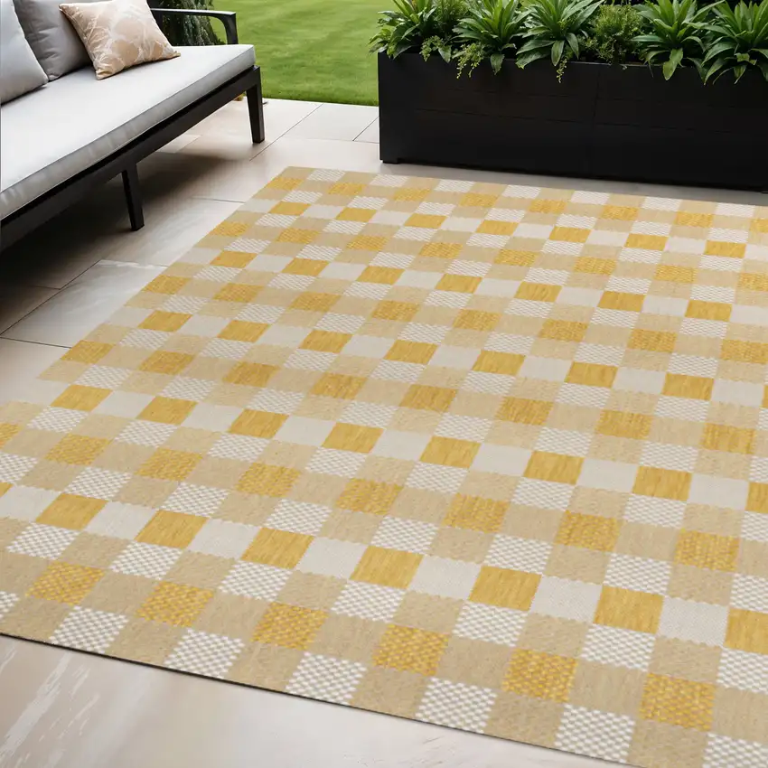 Yellow And Cream Geometric Indoor Outdoor Area Rug Photo 1