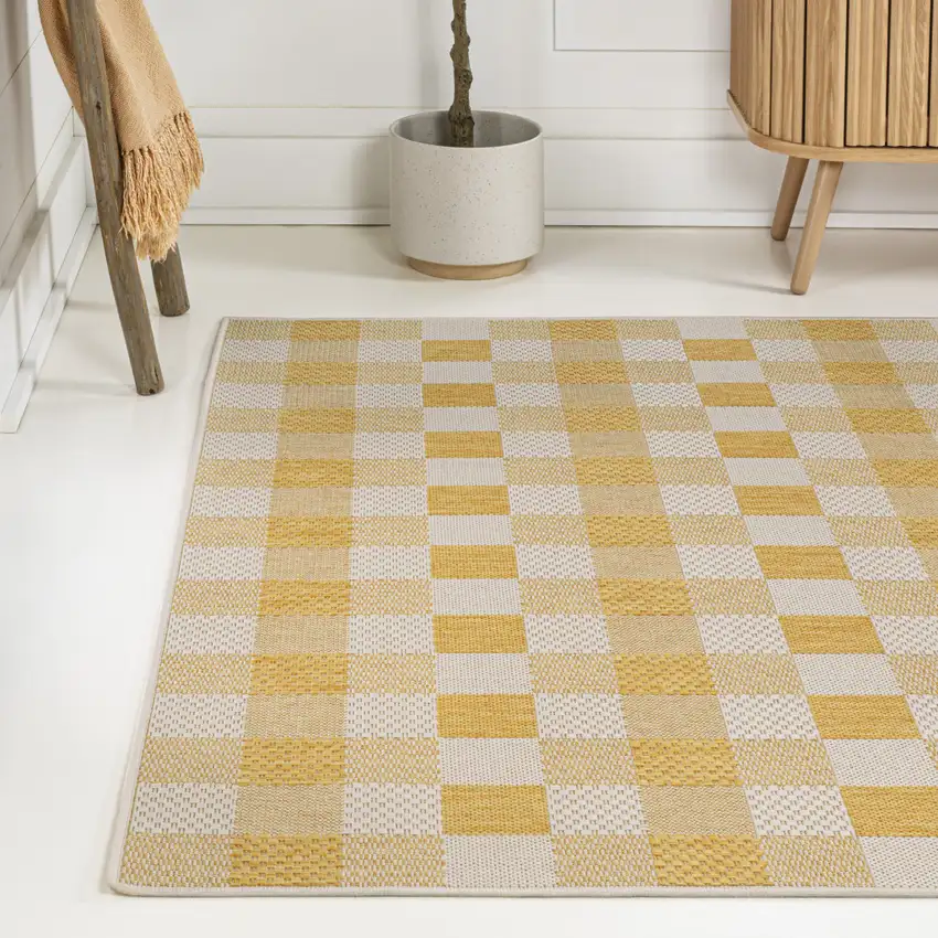 Yellow And Cream Geometric Indoor Outdoor Area Rug Photo 4