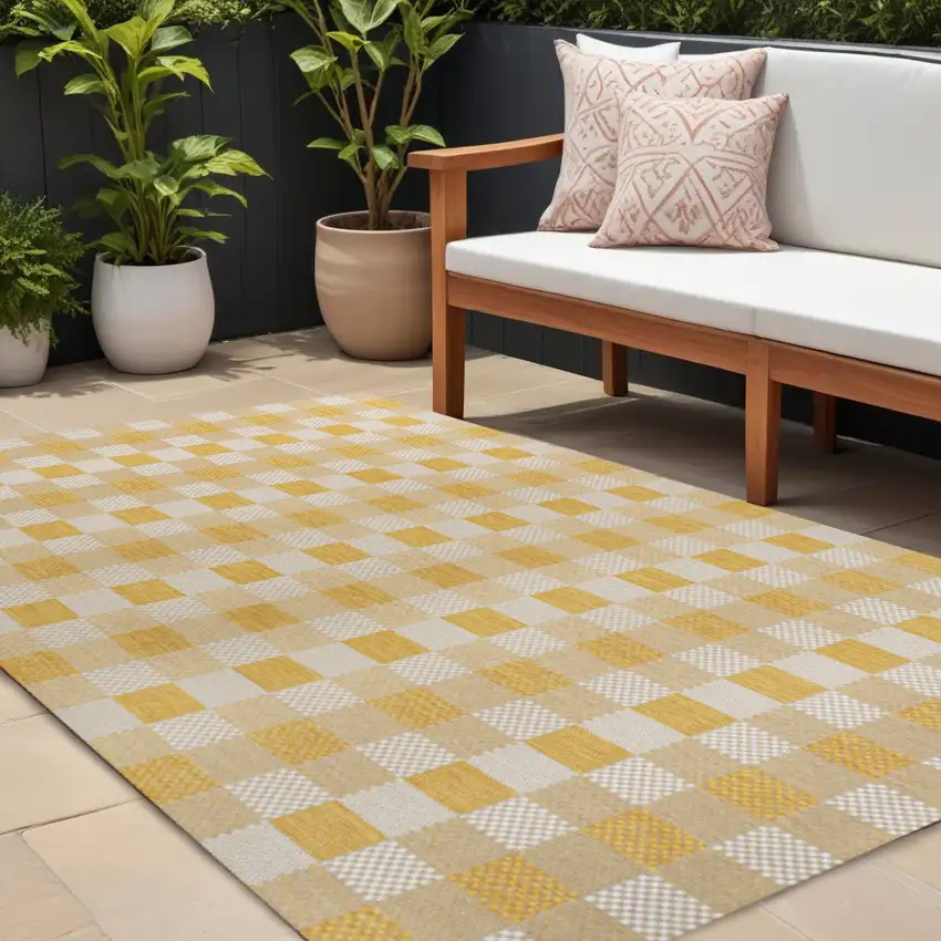 Yellow And Cream Geometric Indoor Outdoor Area Rug Photo 1
