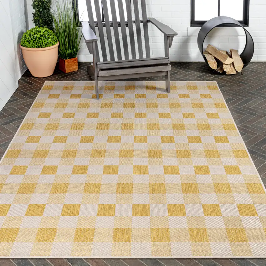 Yellow And Cream Geometric Indoor Outdoor Area Rug Photo 9