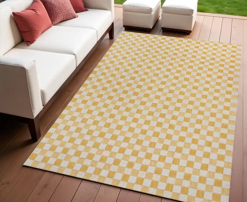 Yellow And Cream Geometric Indoor Outdoor Area Rug Photo 1