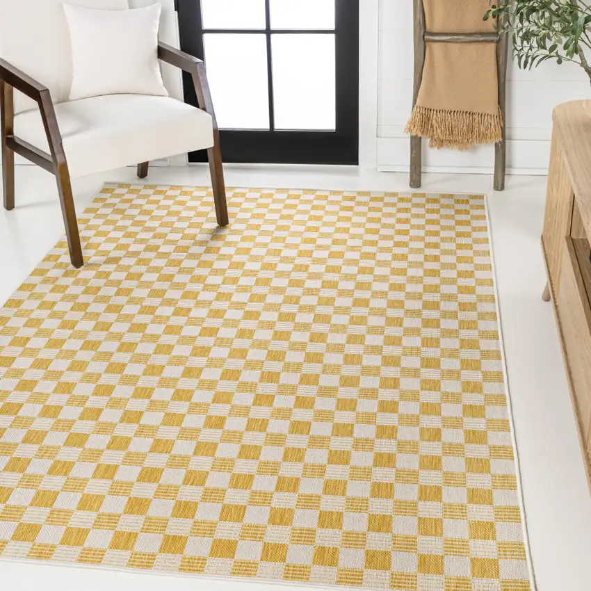 Yellow And Cream Geometric Indoor Outdoor Area Rug Photo 4