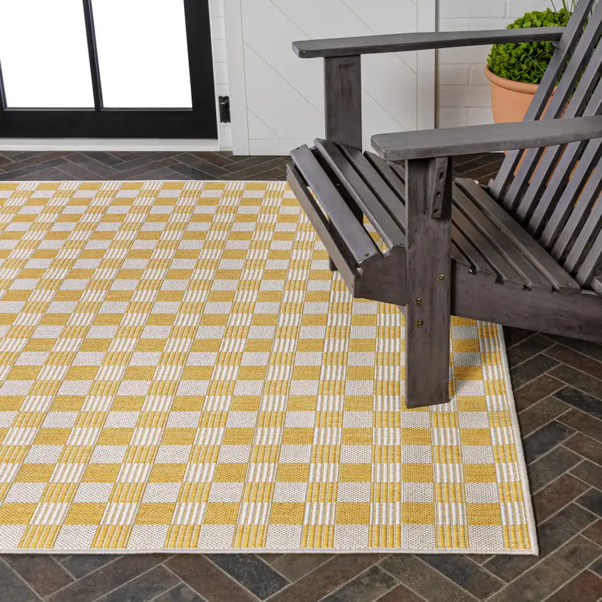 Yellow And Cream Geometric Indoor Outdoor Area Rug Photo 8
