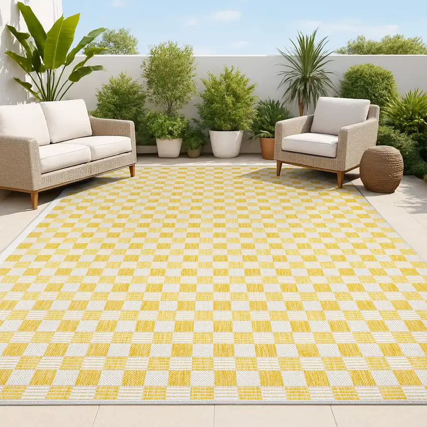 Yellow And Cream Geometric Indoor Outdoor Area Rug Photo 3