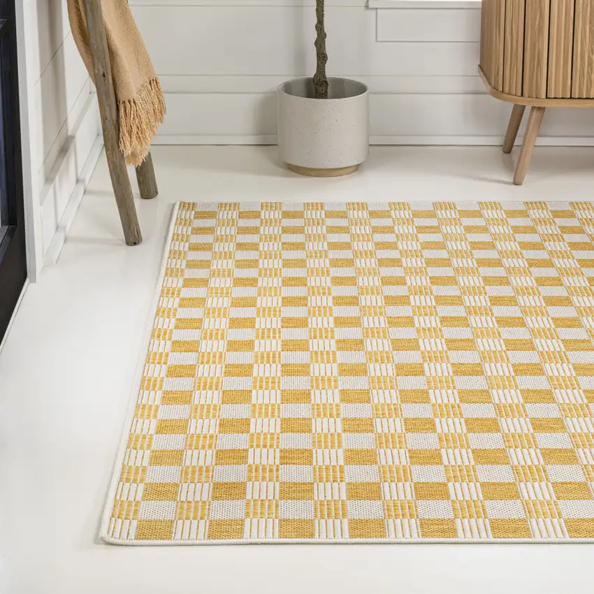 Yellow And Cream Geometric Indoor Outdoor Area Rug Photo 6