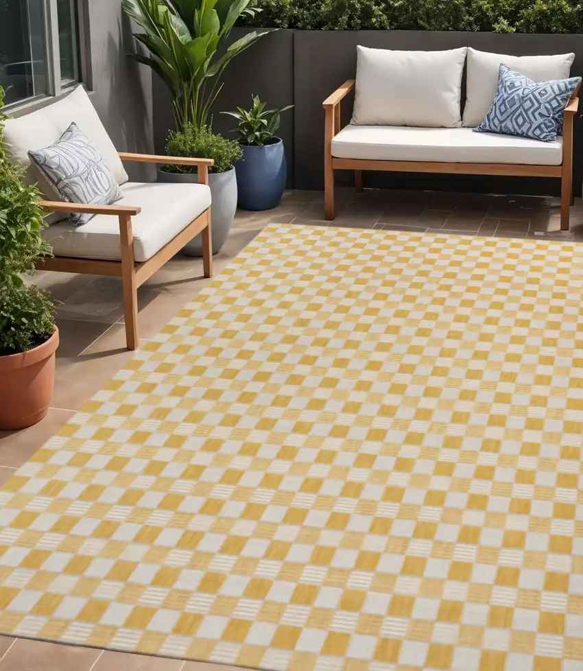 Yellow And Cream Geometric Indoor Outdoor Area Rug Photo 1