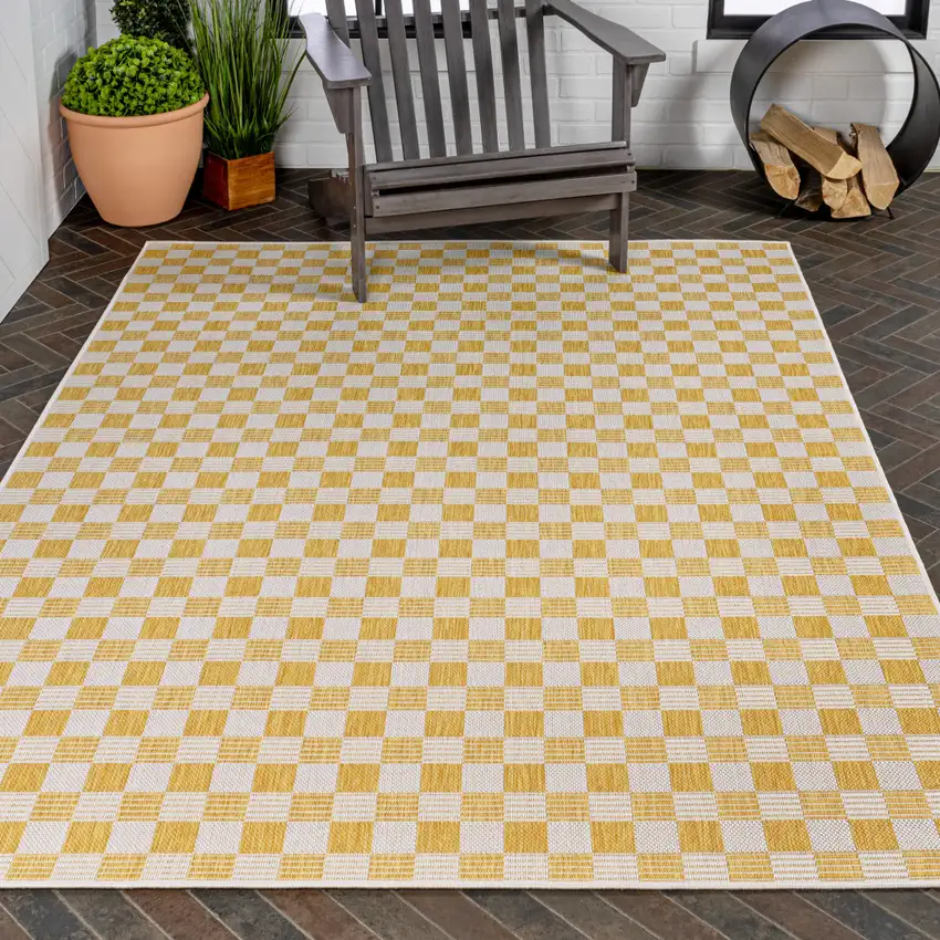 Yellow And Cream Geometric Indoor Outdoor Area Rug Photo 9