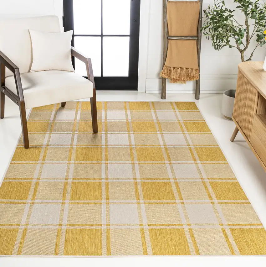 Yellow And Cream Gingham Indoor Outdoor Area Rug Photo 6