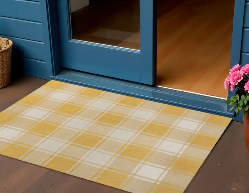 Yellow And Cream Gingham Indoor Outdoor Area Rug Photo 1