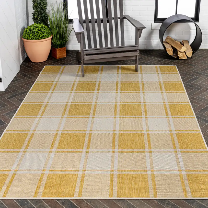 Yellow And Cream Gingham Indoor Outdoor Area Rug Photo 9