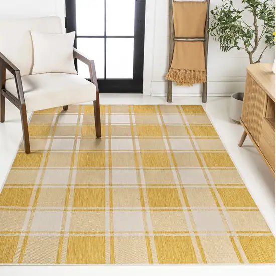 Yellow And Cream Gingham Indoor Outdoor Area Rug Photo 6