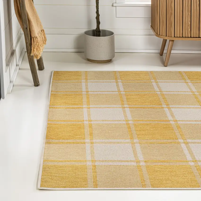 Yellow And Cream Gingham Indoor Outdoor Area Rug Photo 5