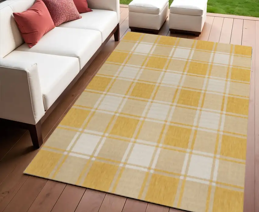 Yellow And Cream Gingham Indoor Outdoor Area Rug Photo 1