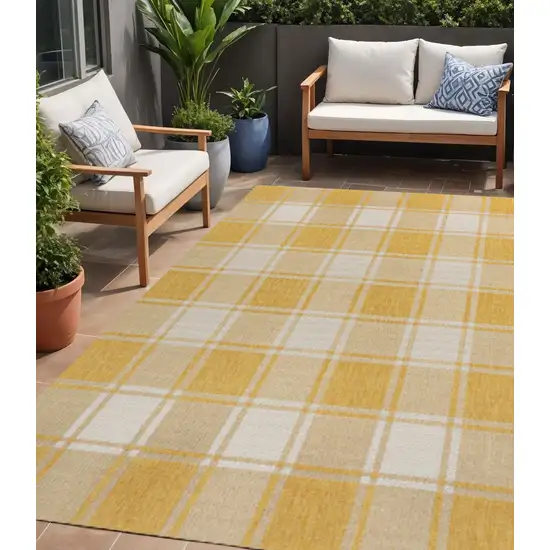 Yellow And Cream Gingham Indoor Outdoor Area Rug Photo 1