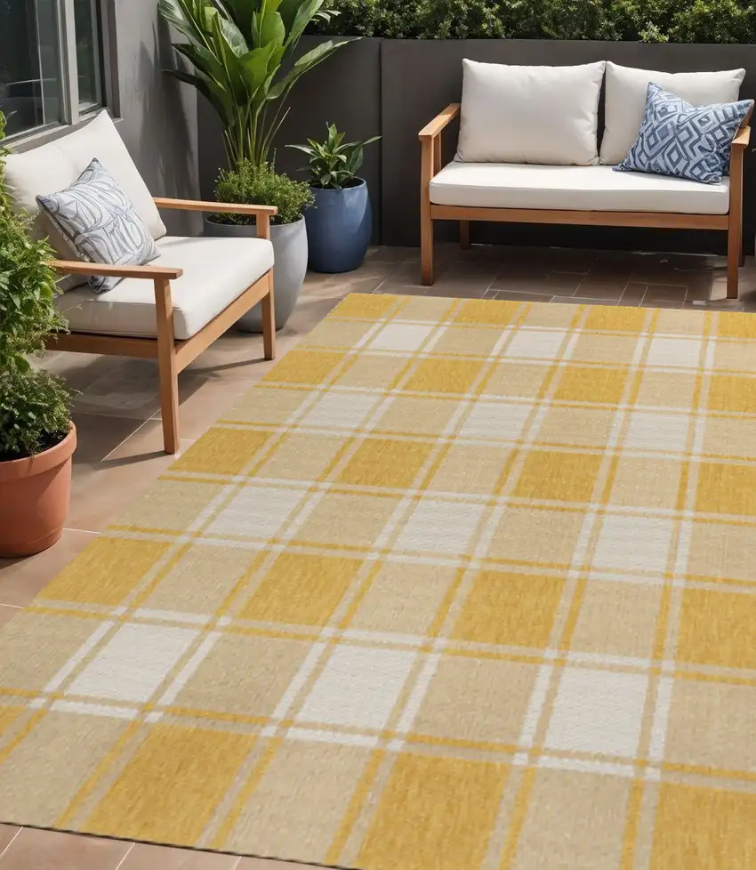 Yellow And Cream Gingham Indoor Outdoor Area Rug Photo 1