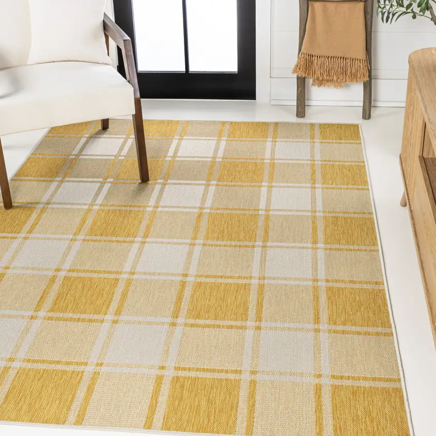 Yellow And Cream Gingham Indoor Outdoor Area Rug Photo 5