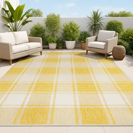 Yellow And Cream Gingham Indoor Outdoor Area Rug Photo 4