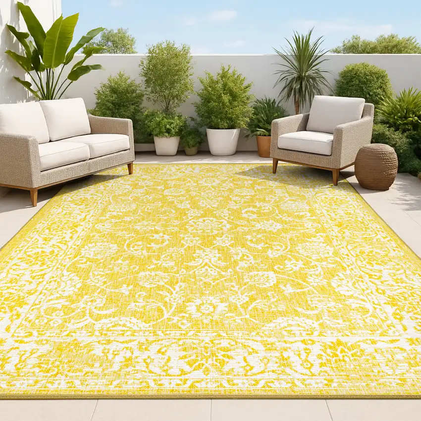 Yellow And Cream Medallion Indoor Outdoor Area Rug Photo 4