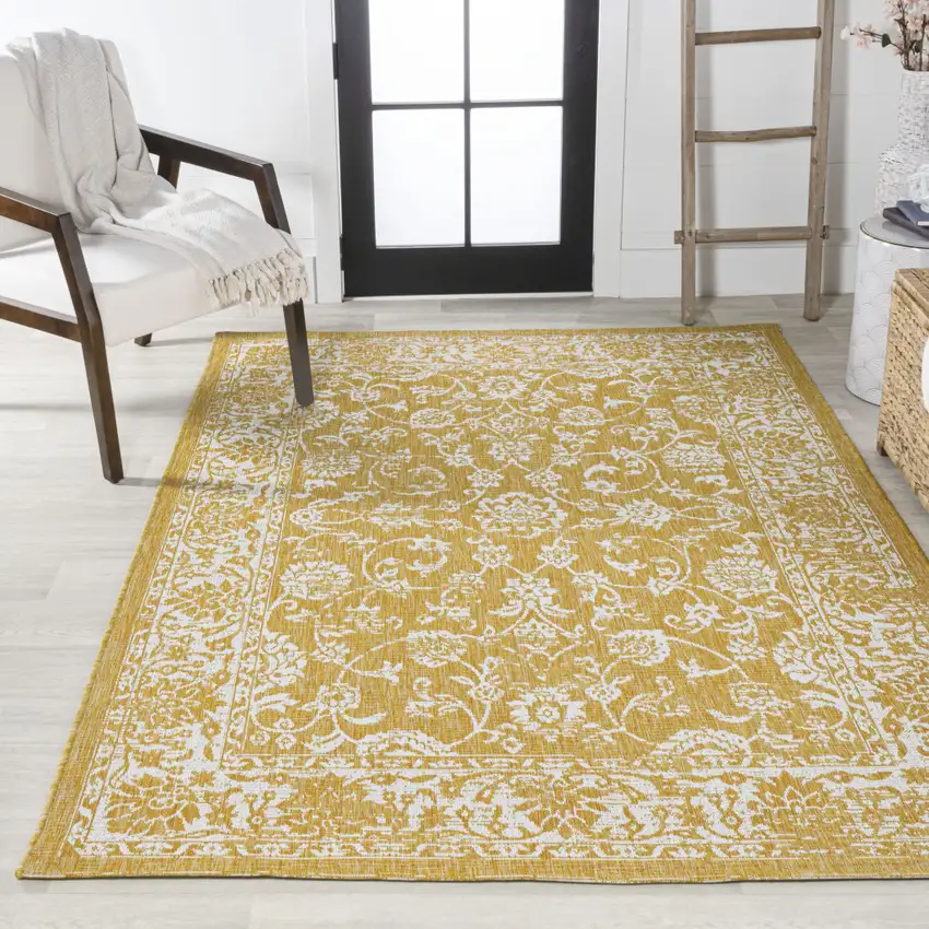 Yellow And Cream Medallion Indoor Outdoor Area Rug Photo 7