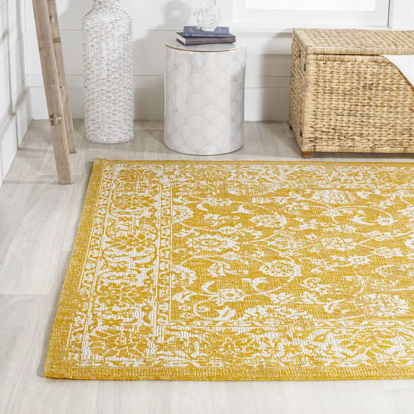 Yellow And Cream Medallion Indoor Outdoor Area Rug Photo 6
