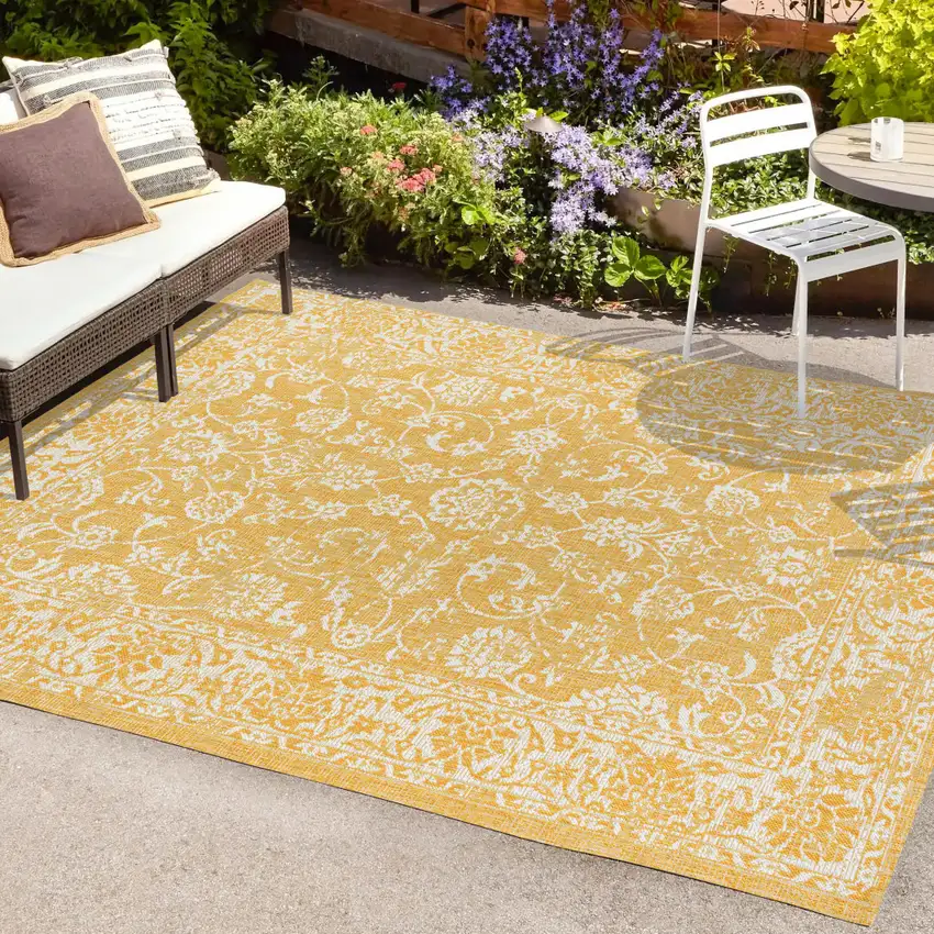 Yellow And Cream Medallion Indoor Outdoor Area Rug Photo 9