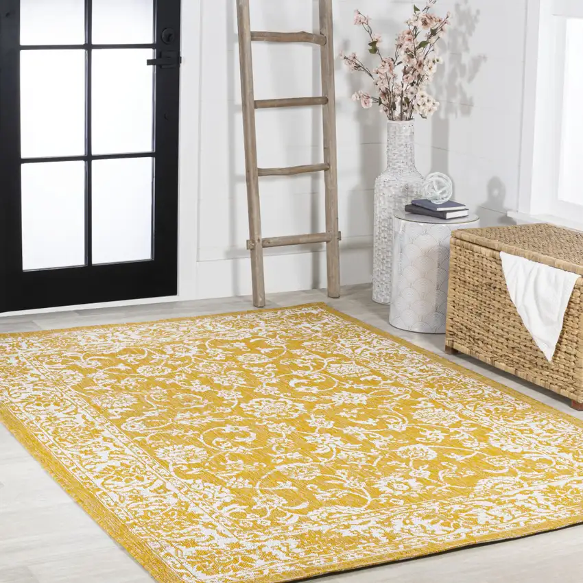Yellow And Cream Medallion Indoor Outdoor Area Rug Photo 8