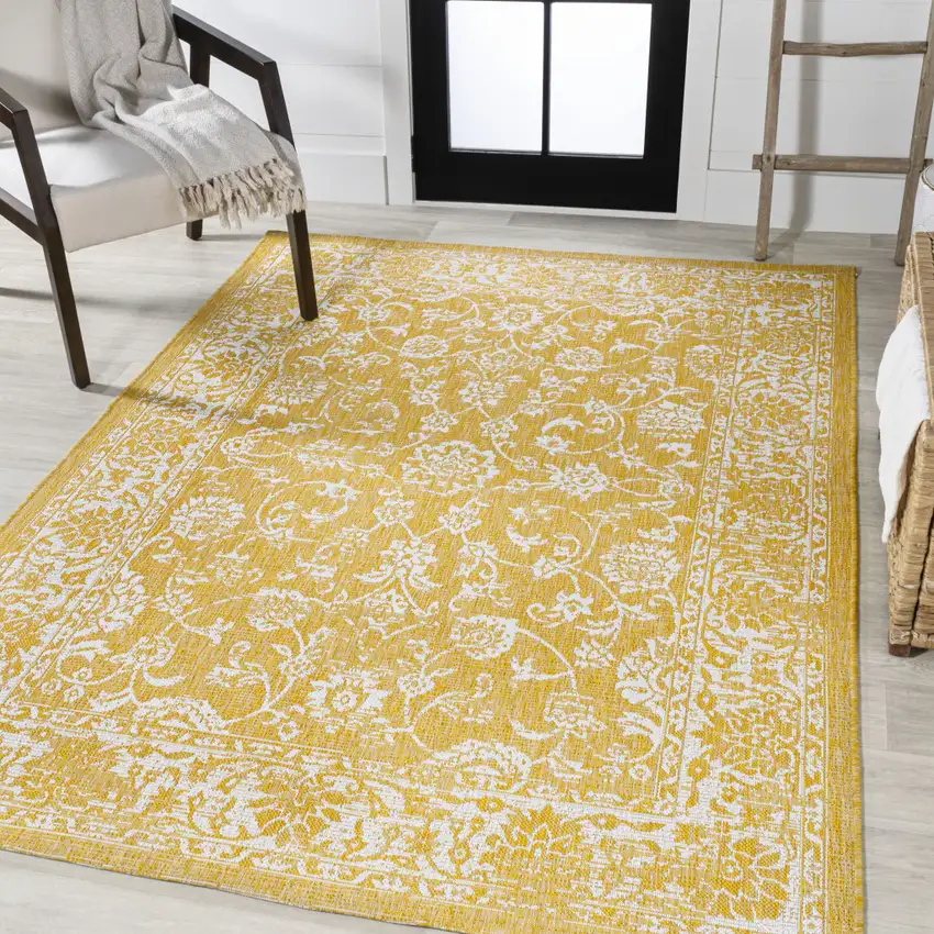 Yellow And Cream Medallion Indoor Outdoor Area Rug Photo 5
