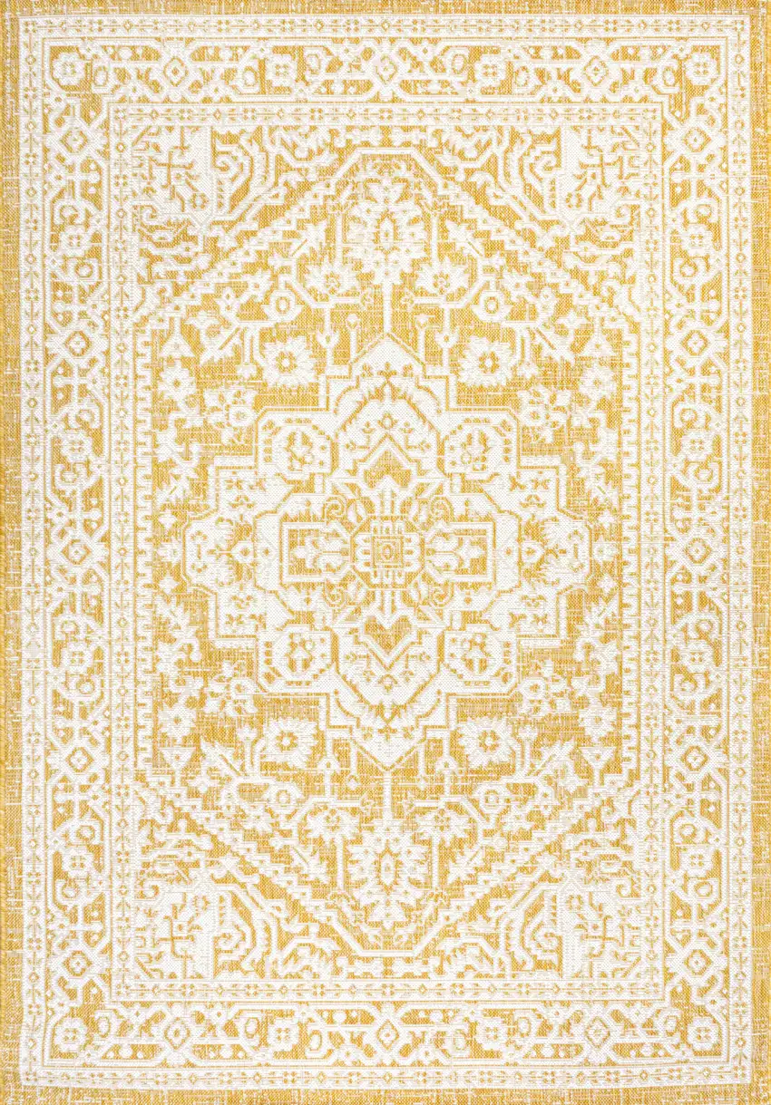 Yellow And Cream Medallion Indoor Outdoor Area Rug Photo 3