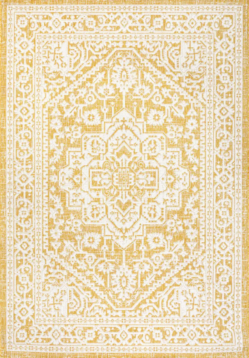 Yellow And Cream Medallion Indoor Outdoor Area Rug Photo 1