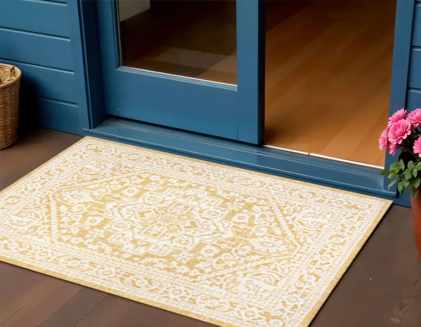 Yellow And Cream Medallion Indoor Outdoor Area Rug Photo 1