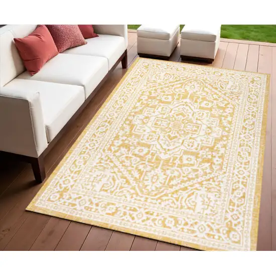 Yellow And Cream Medallion Indoor Outdoor Area Rug Photo 1
