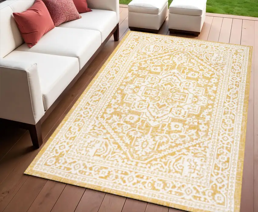 Yellow And Cream Medallion Indoor Outdoor Area Rug Photo 1