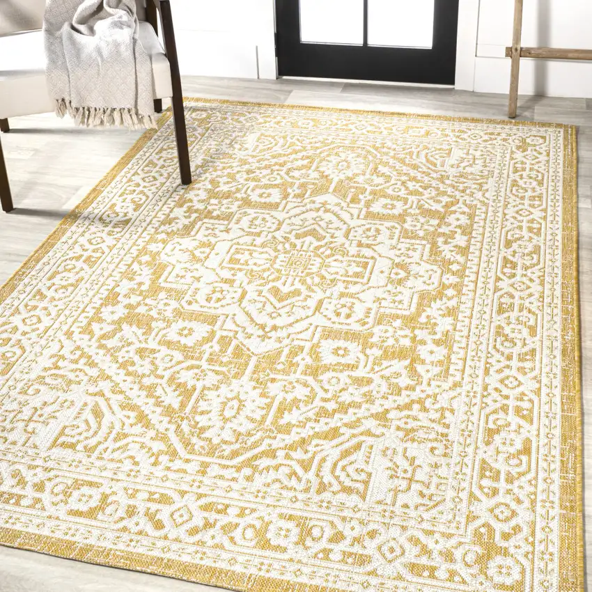 Yellow And Cream Medallion Indoor Outdoor Area Rug Photo 5