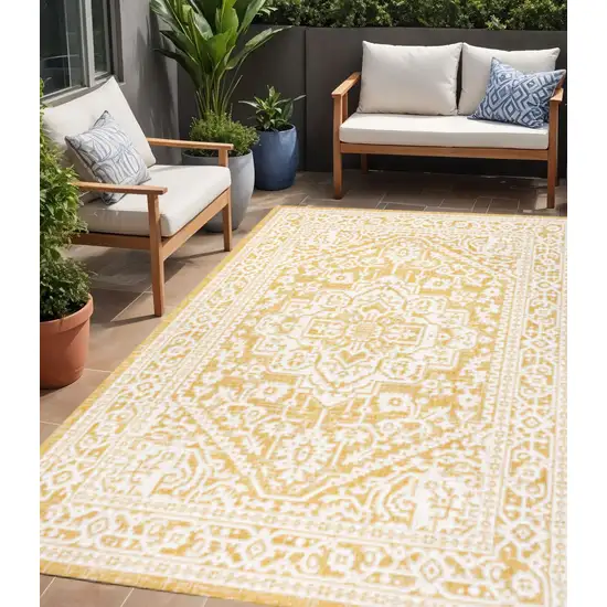 Yellow And Cream Medallion Indoor Outdoor Area Rug Photo 1