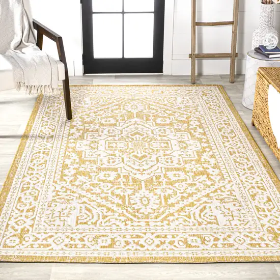 Yellow And Cream Medallion Indoor Outdoor Area Rug Photo 7