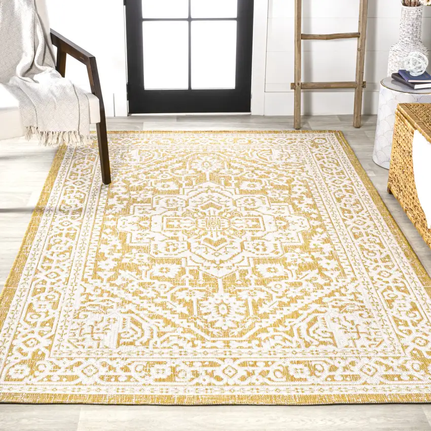 Yellow And Cream Medallion Indoor Outdoor Area Rug Photo 7