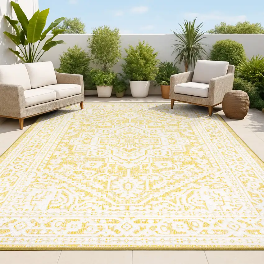 Yellow And Cream Medallion Indoor Outdoor Area Rug Photo 4