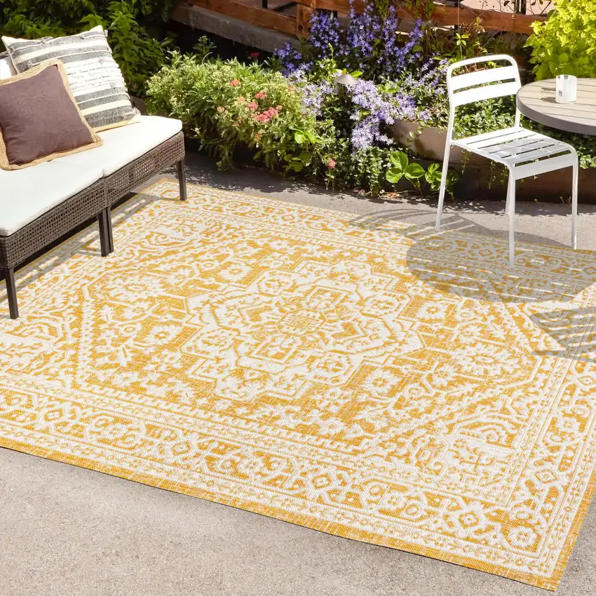 Yellow And Cream Medallion Indoor Outdoor Area Rug Photo 9