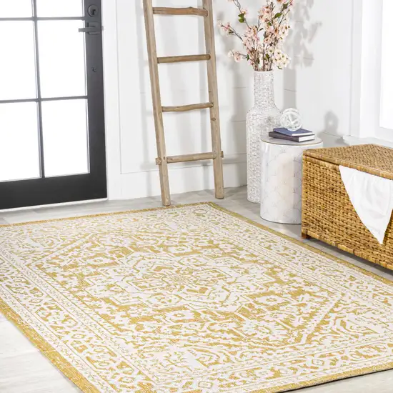 Yellow And Cream Medallion Indoor Outdoor Area Rug Photo 8