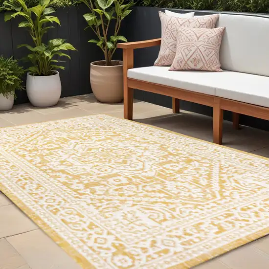 Yellow And Cream Medallion Indoor Outdoor Area Rug Photo 1